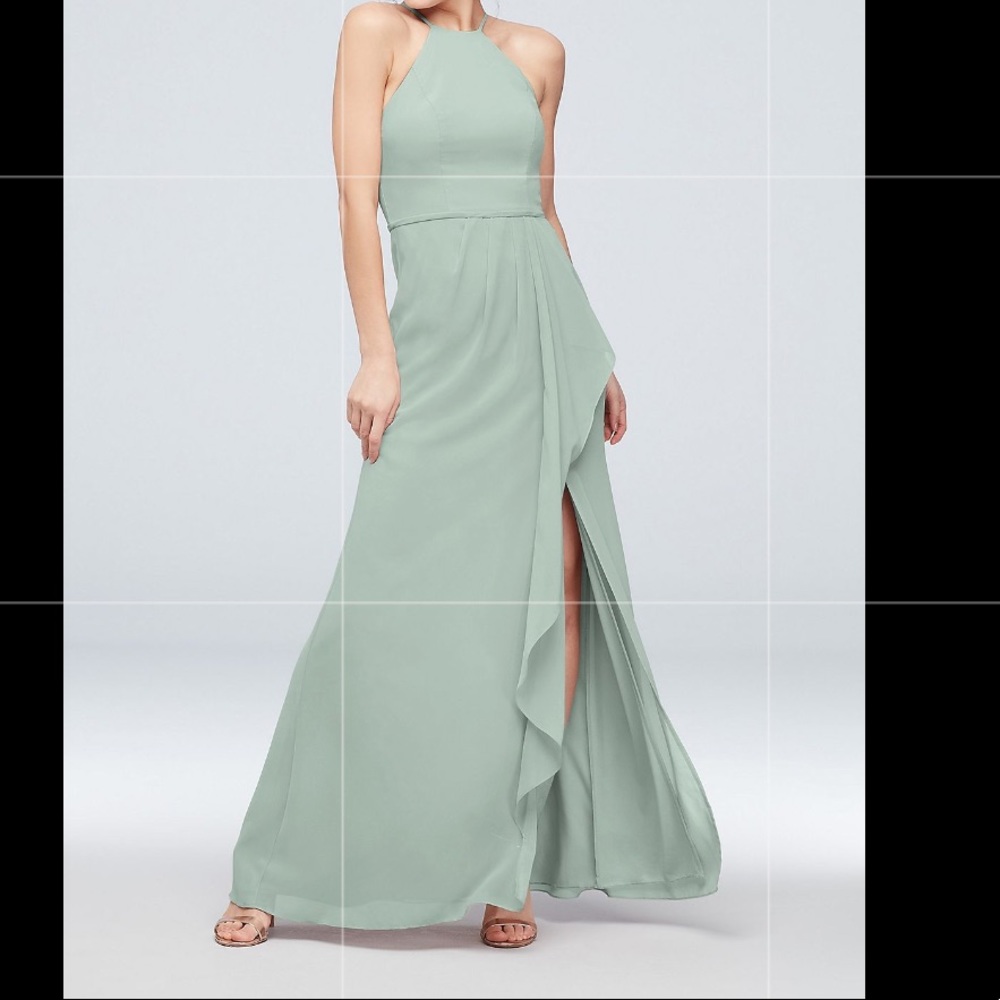 David's Bridal Sage Halter Maxi Dress with Front Ruffle Slit
